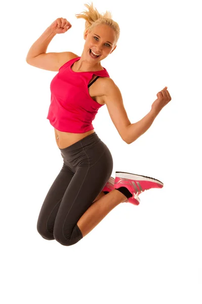 Hälsosam livsstil sport framgång - fit blond kvinna gestikulerande vict — Stockfoto