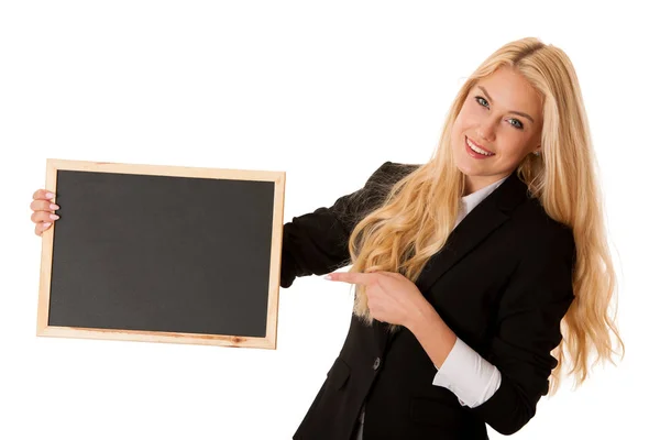 Business woman holding a blank blackboard - teacher — Stock Photo, Image