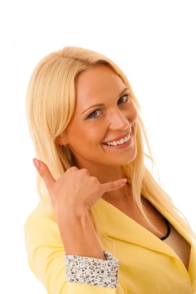 Blond business woman gesture call me isolated over white backgro — Stock Photo, Image