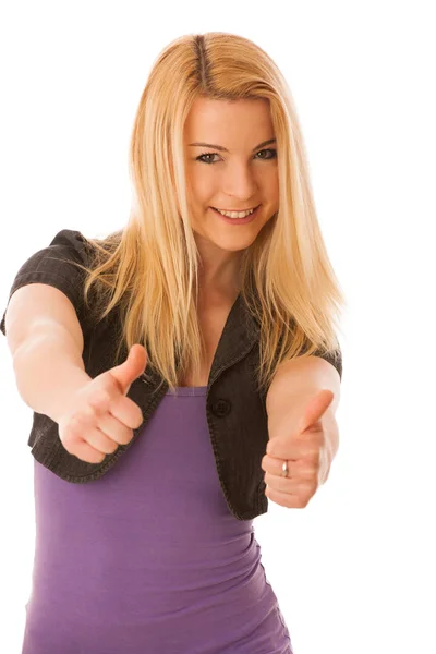 Young teenage girl showing thumb up as a sign of success and hap — Stock Photo, Image