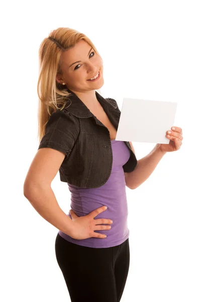 Beautiful blonde woman with blank banner for commercials isolate — Stock Photo, Image