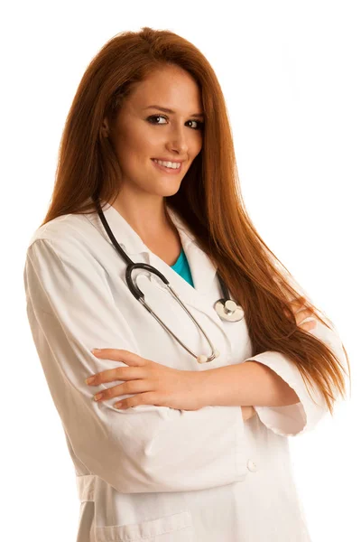 卫生保健和医药-孤立在白衣的年轻女医生 — 图库照片