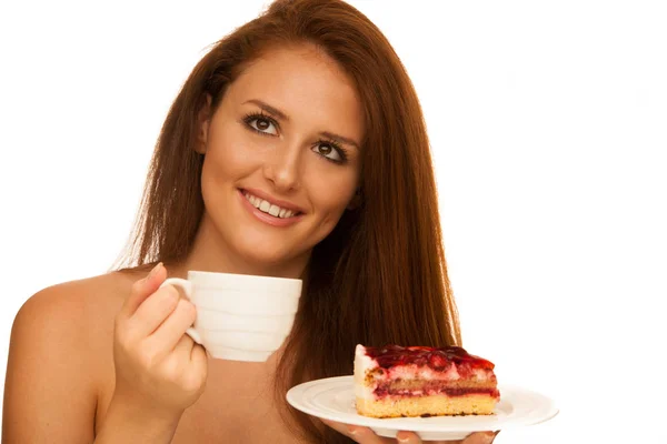 Strawberry cake - wman eats sweet dessert isolated — Stock Photo, Image