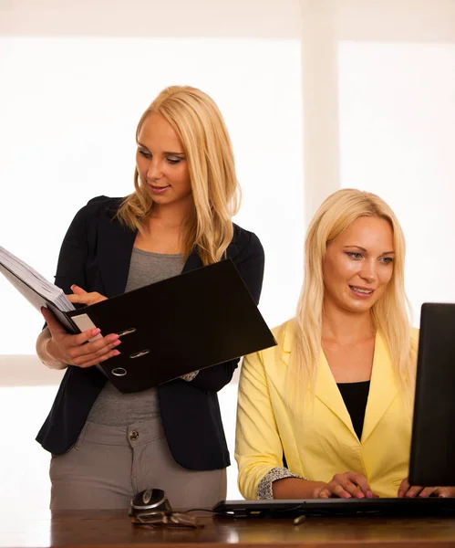 ビジネス チーム - 2 人の女性は、オフィス チェック データベースで作業します。 — ストック写真