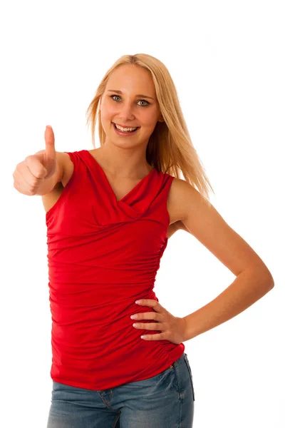 Business woman gestures success with thumbs up — Stock Photo, Image