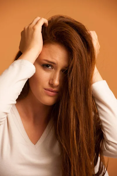 Illness woman having headache and feeling unweal — Stock Photo, Image