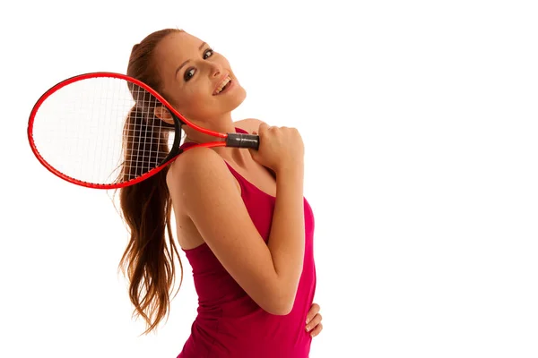 Tennis - fit vrouw met racket geïsoleerd op witte achtergrond — Stockfoto