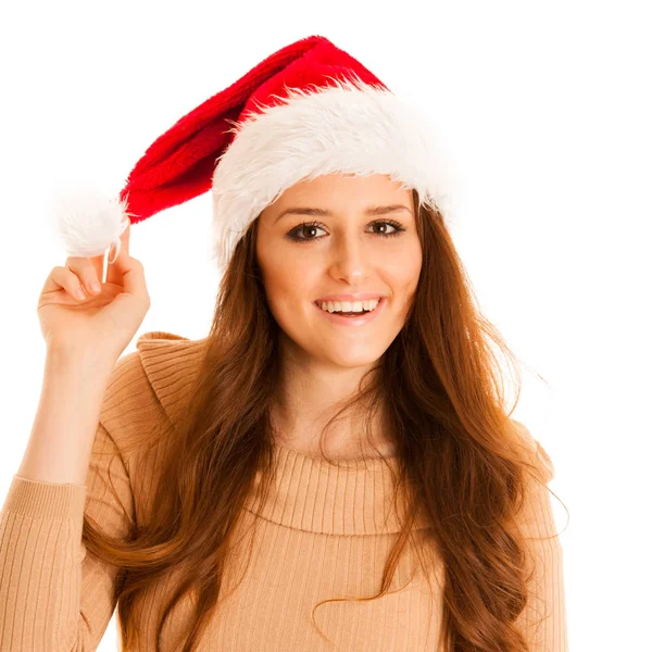 Linda chica morena en vestido de Santa Claus con regalos para Navidad — Foto de Stock