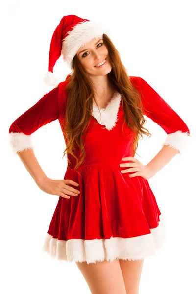 Bonito morena menina no santa claus vestido com presentes para christm — Fotografia de Stock