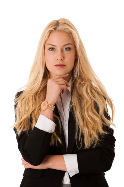 Selbstbewusste Geschäftsfrau wegen Weiß isoliert — Stockfoto