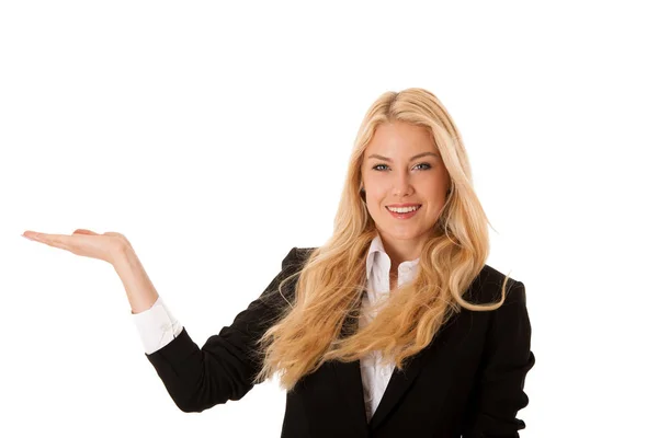 Woman pointing to cpoy space - holding arm as presenting a produ — Stock Photo, Image