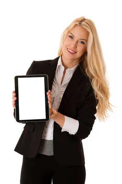 Biznes kobieta pracuje na tablet komputer na białym tle ove — Zdjęcie stockowe