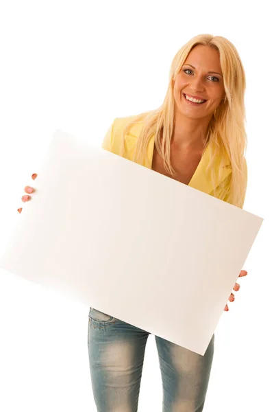 Blank banner - business woman holding white board for advertisin — Stock Photo, Image
