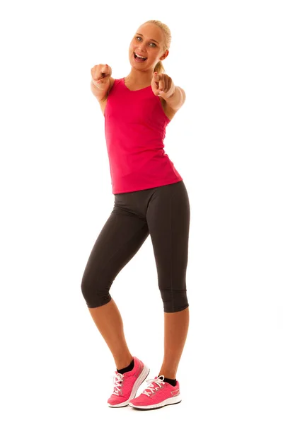 Healthy lifestyle sport success - fit blond woman gesturing vict — Stock Photo, Image