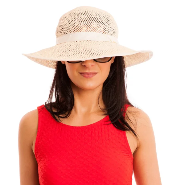 Estate foto connettiva di una bella donna con cappello — Foto Stock