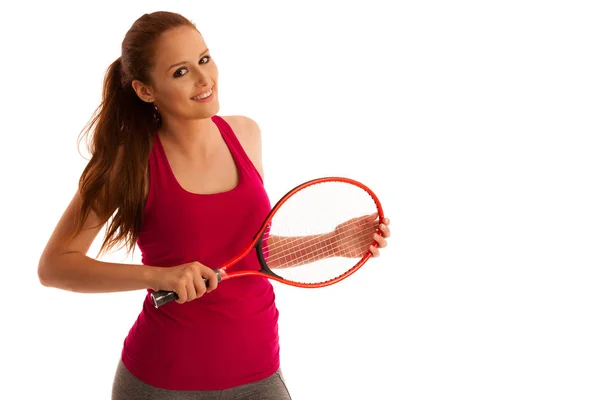 Tênis - mulher apto com raquete isolado sobre fundo branco — Fotografia de Stock