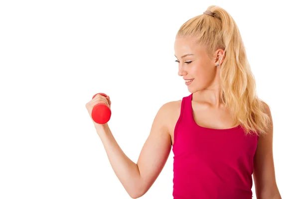 Fitnes - Mujer joven rubia haciendo ejercicio con pesas aisladas —  Fotos de Stock