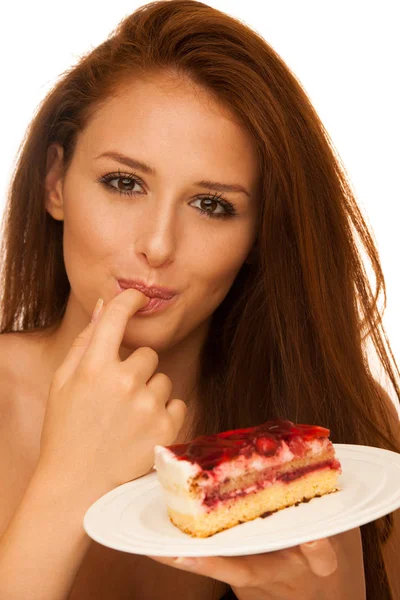 草莓蛋糕-wman 吃甜点孤立 — 图库照片