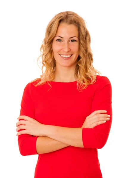 Portret van mooie brunette jonge vrouw in rode jurk geïsoleerd — Stockfoto