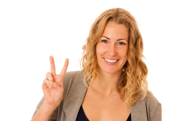 Mulher de negócios gesticulando sucesso mostrando V para a vitória — Fotografia de Stock