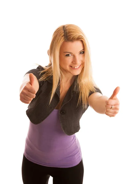 Young teenage girl showing thumb up as a sign of success and hap — Stock Photo, Image