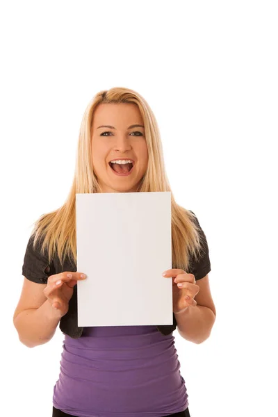 Beautiful blonde woman with blank banner for commercials isolate — Stock Photo, Image