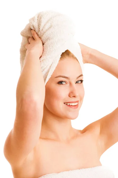 Beautiful blonde woman wrapped in towel after bath isolated over — Stock Photo, Image