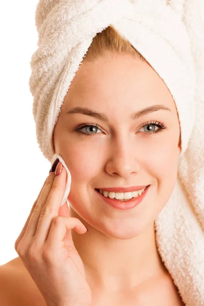 Skin care - beautiful young woman nurturing her skin isolated ov — Stock Photo, Image