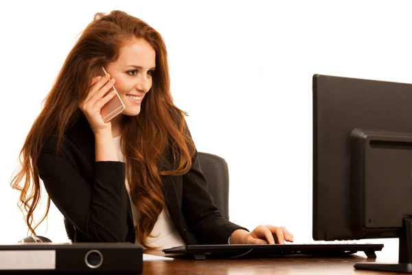 Business woman with phonw - chat on smartphone in the office — Stock Photo, Image