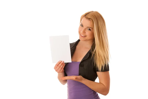 Beautiful blonde woman with blank banner for commercials isolate — Stock Photo, Image
