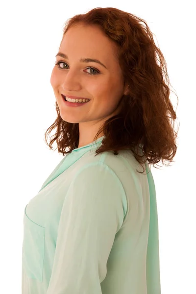 Attractive confident business woman with brown hair standing iso — Stock Photo, Image