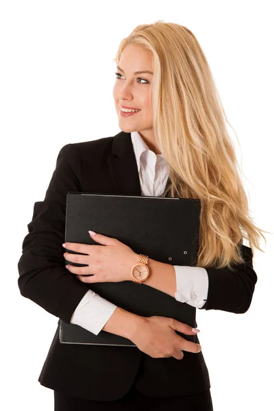 Hermosa mujer de negocios holdinh carpeta de archivos aislado sobre blanco — Foto de Stock