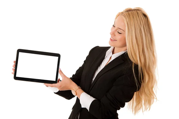 Belle femme d'affaires travaillant sur tablette ordinateur isolé ove — Photo