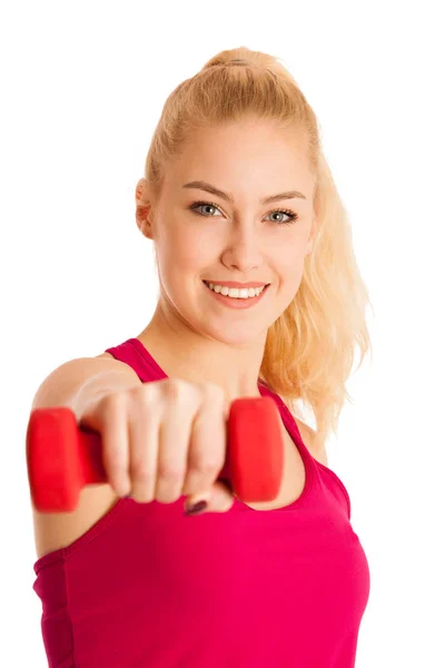 Sevimli genç sarışın kadın üzerinde izole fitness salonunda egzersiz — Stok fotoğraf