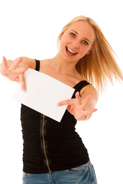 Cute blond woman with blank white banner in her hands smiling is — Stock Photo, Image