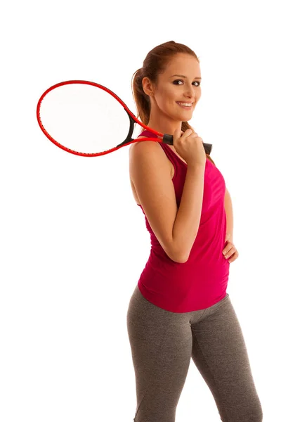 Tennis - fit vrouw met racket geïsoleerd op witte achtergrond — Stockfoto