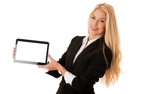 Krásný obchodní žena pracuje na tabletu počítač samostatný ove — Stock fotografie