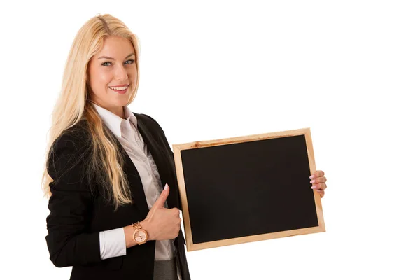 Business woman holding a blank blackboard - teacher — Stock Photo, Image