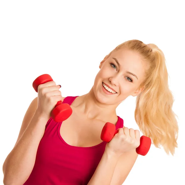 Cute young blond woman working out in fitness gym isolated over — Stock Photo, Image