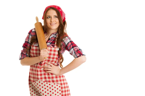 Hermosa mujer joven sostiene rodillo de cocina aislado sobre blanco b —  Fotos de Stock