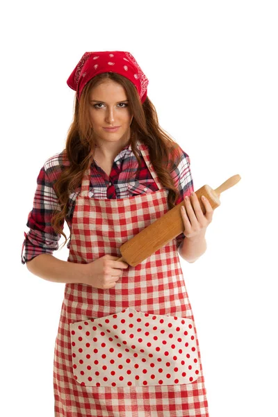 Gyönyörű fiatal nő rendelkezik elkülönített konyha roller — Stock Fotó