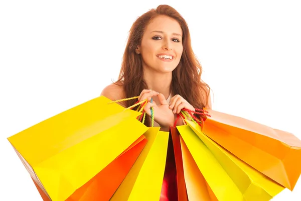 Mujer con bolsas de compras después de una compra exitosa en la venta — Foto de Stock