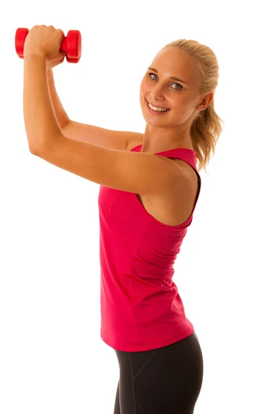 Healthy lifestyle sport success - fit blond woman workout with d — Stock Photo, Image