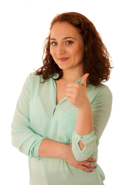 Mujer de negocios mostrando el pulgar hacia arriba como un gesto de éxito — Foto de Stock