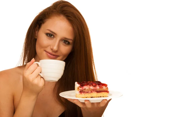 Strawberry cake - wman eats sweet dessert isolated — Stock Photo, Image