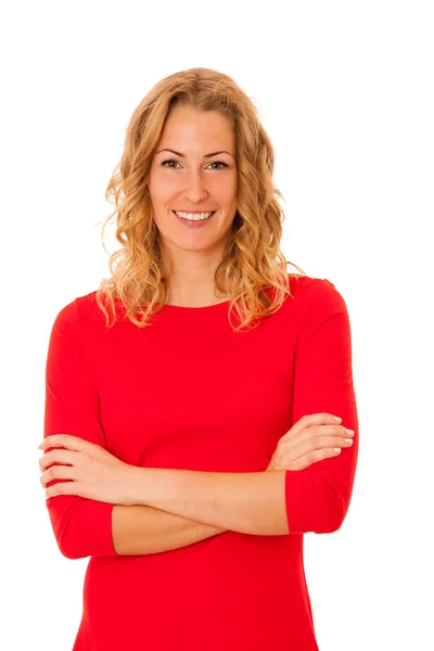 Retrato Bela Morena Jovem Vestido Vermelho Isolado Sobre Fundo Branco — Fotografia de Stock