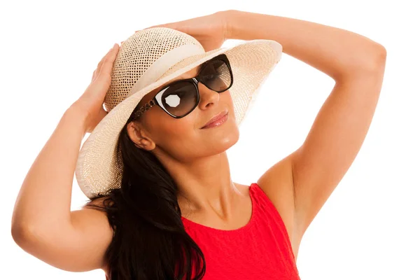 Foto Verano Connceptual Una Hermosa Mujer Con Sombrero — Foto de Stock