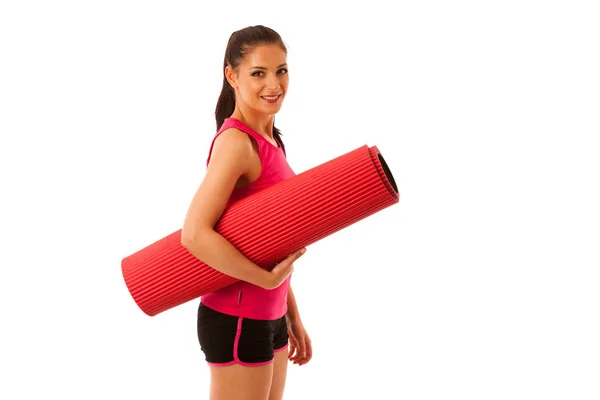 Mujer Con Tapete Listo Para Entrenar Isoalted Sobre Fondo Blanco —  Fotos de Stock