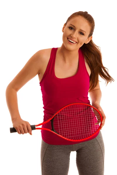 Tennis Fit Vrouw Met Racket Geïsoleerd Witte Achtergrond — Stockfoto