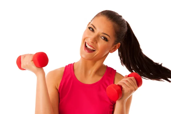 Aktivní Mladá Žena Cvičení Činkami Posilovně Fitness Izolované Bílém Pozadí — Stock fotografie